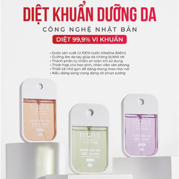 Nước rửa tay diệt khuẩn dưỡng da công nghệ Nhật Bản Fujiful 45ml - Xịt rửa tay khô, nhỏ gọn tiện lợi đem theo mọi nơi