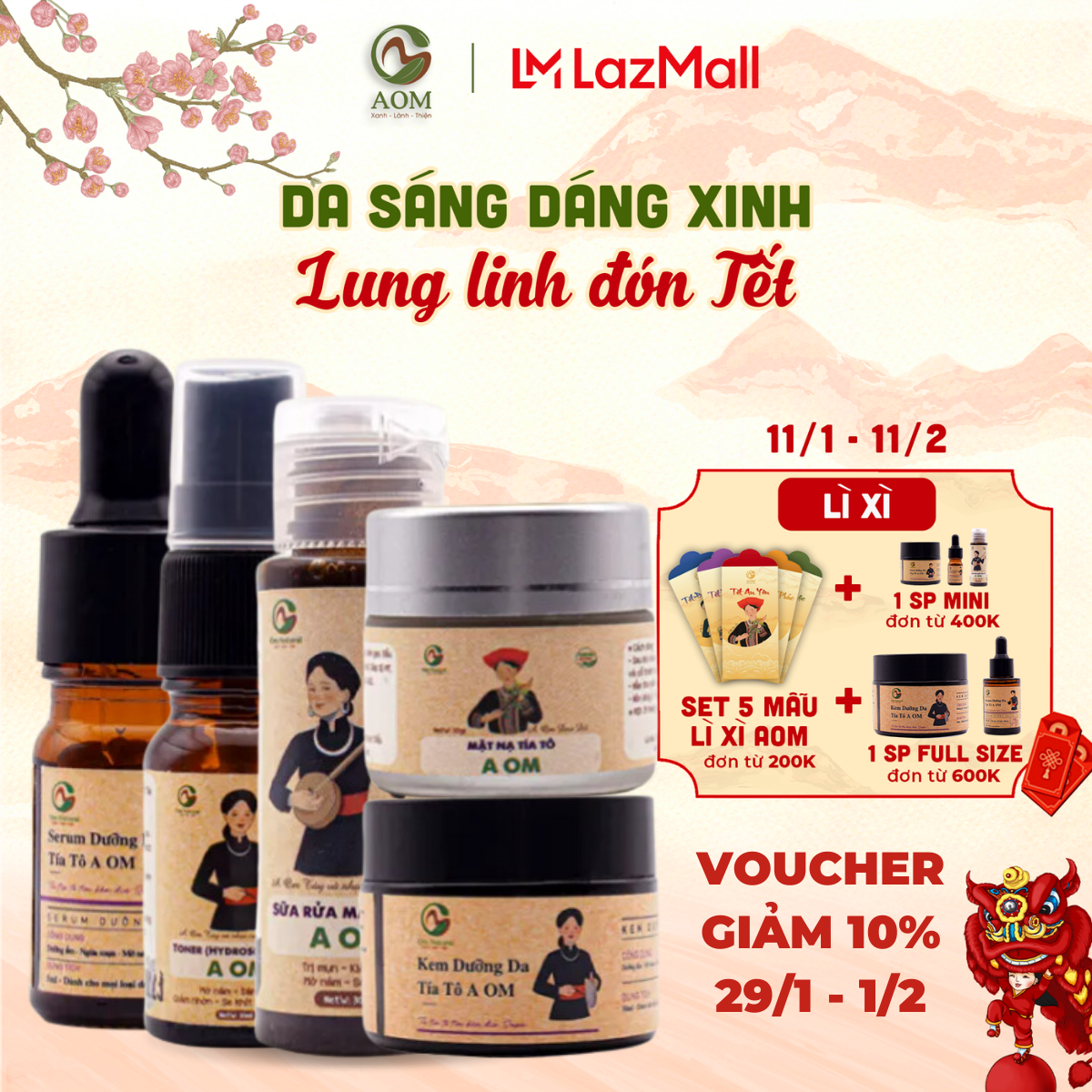 Bộ 5 sản phẩm chăm sóc da tía tô a om chăm sóc da mặt tía tô om mini