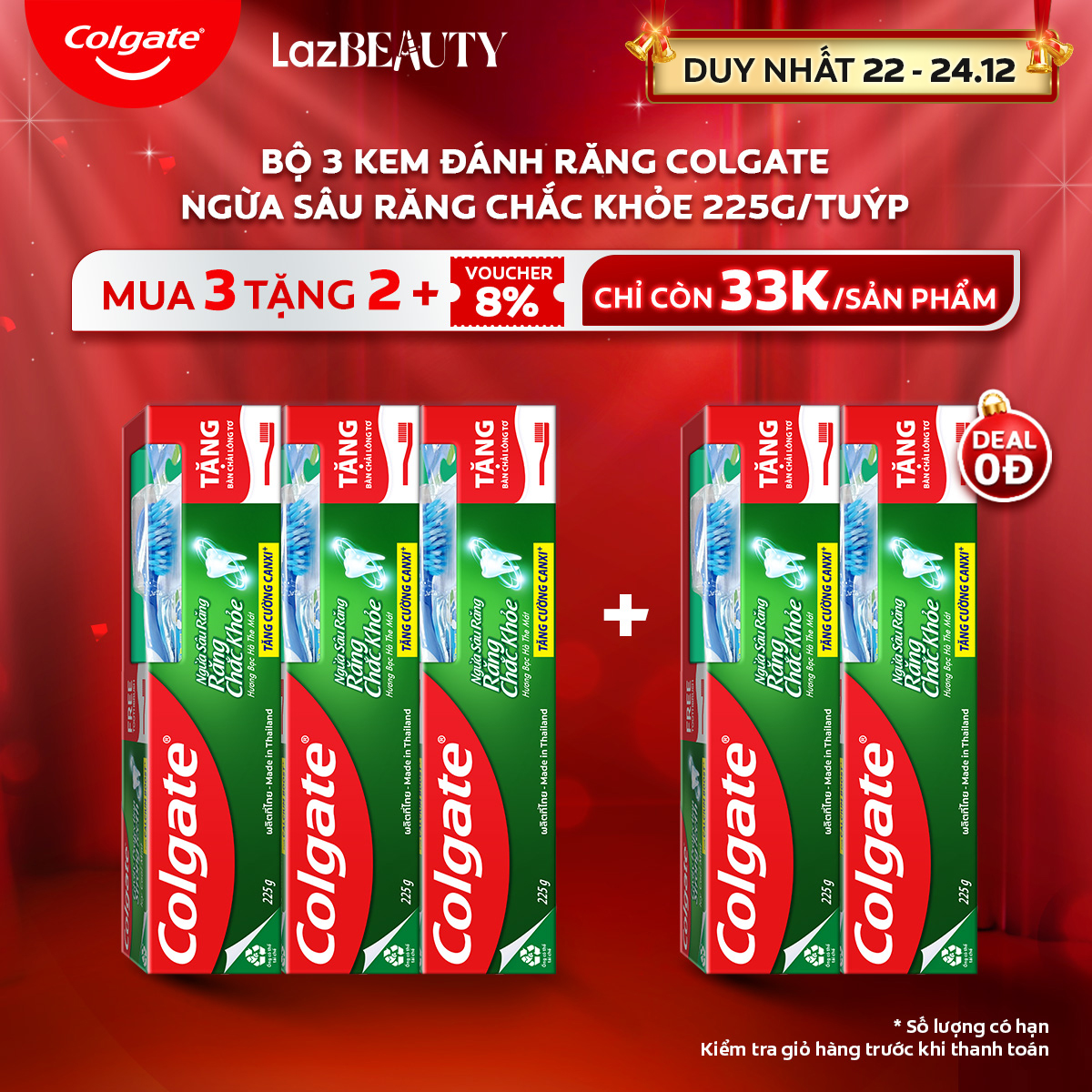 [Chỉ 22 - 24.12_Mua 3 tặng 2 | Chỉ còn 33K/tuýp]Bộ kem đánh răng Colgate ngừa sâu răng răng chắc khỏe 225g/tuýp tặng bàn chải đánh răng lông tơ nhập khẩu Thái Lan