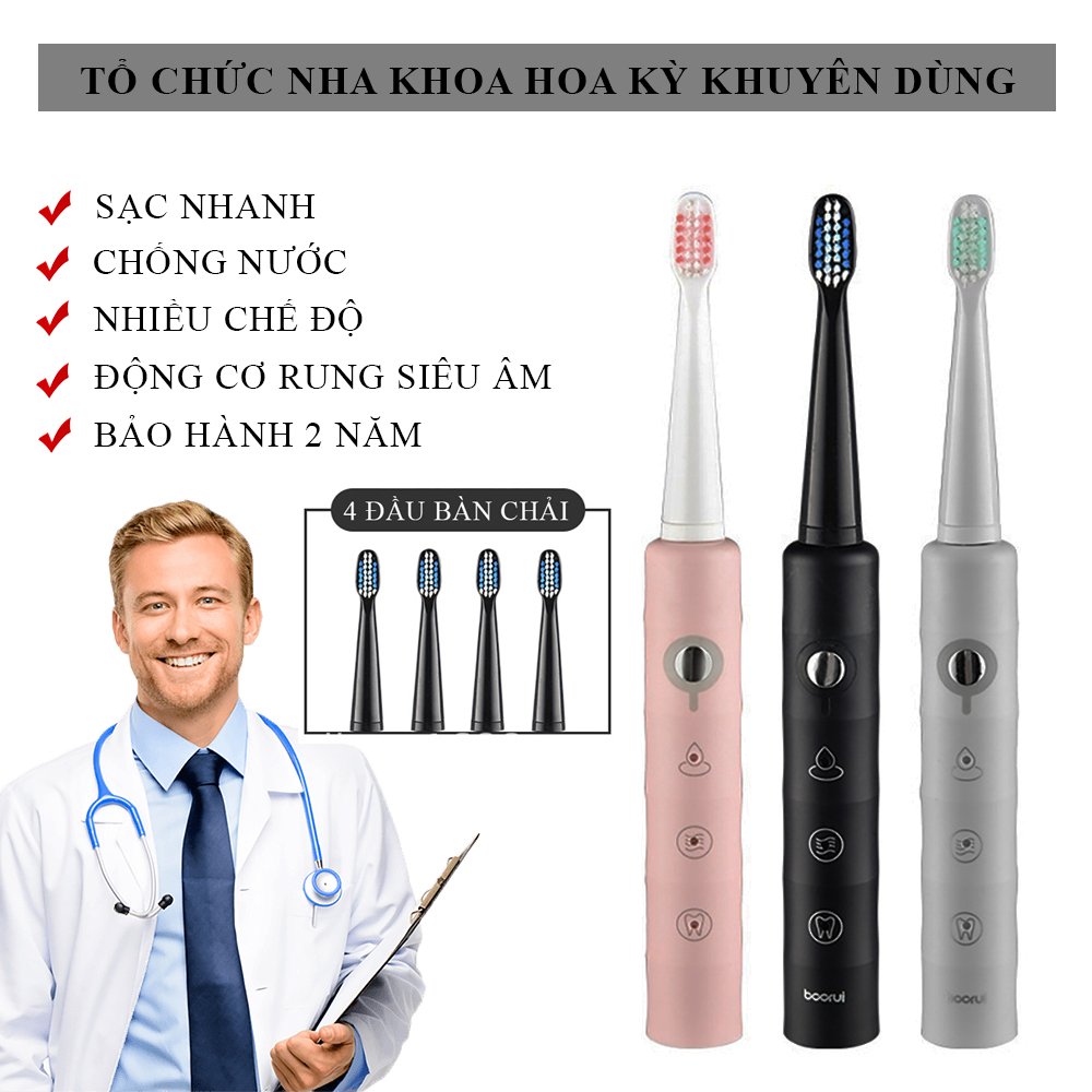 Bàn chải điện tự động cao cấp, máy đánh răng lông mềm Tặng kèm 3 đầu bàn chải điện Bảo hành 24 tháng 7 ngày lỗi đổi mới