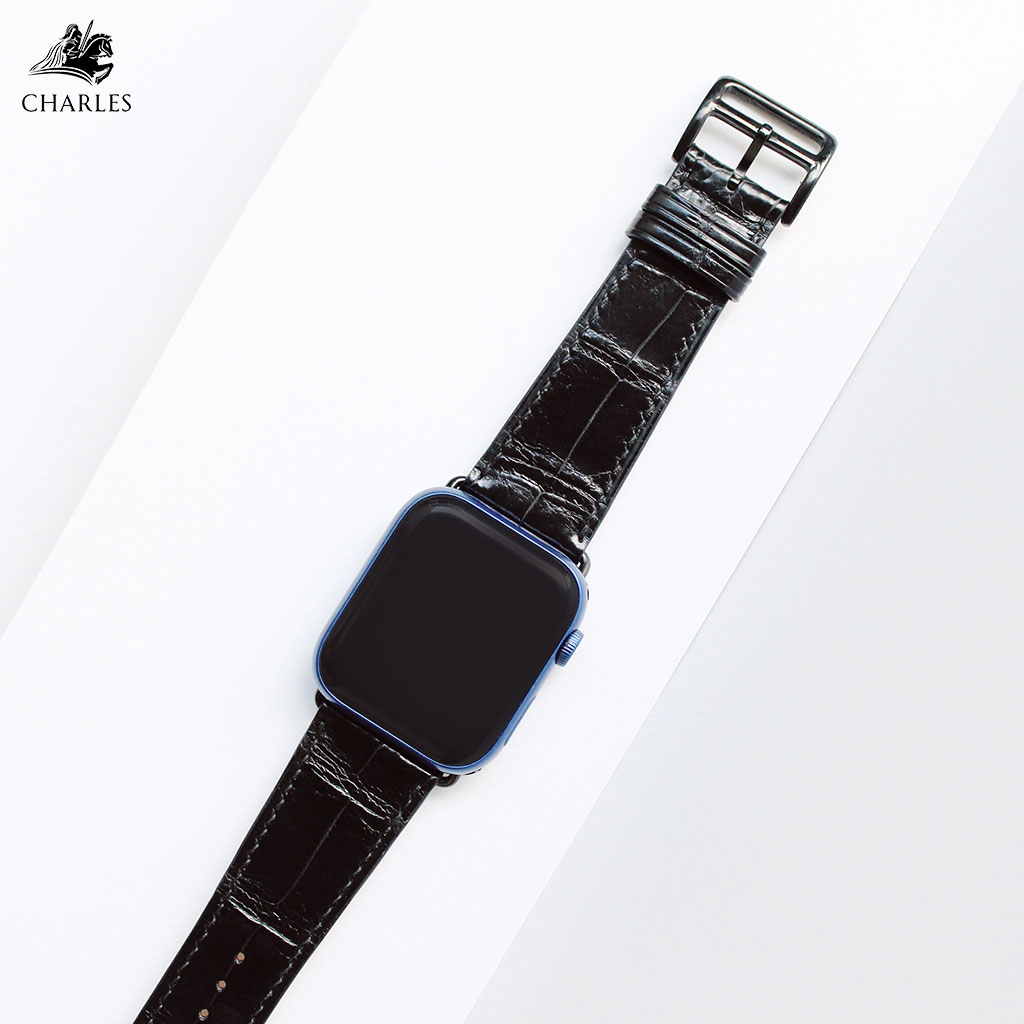 Dây da charles da cá sấu đen cho đồng hồ apple watch series 1/2/3/4/5/6