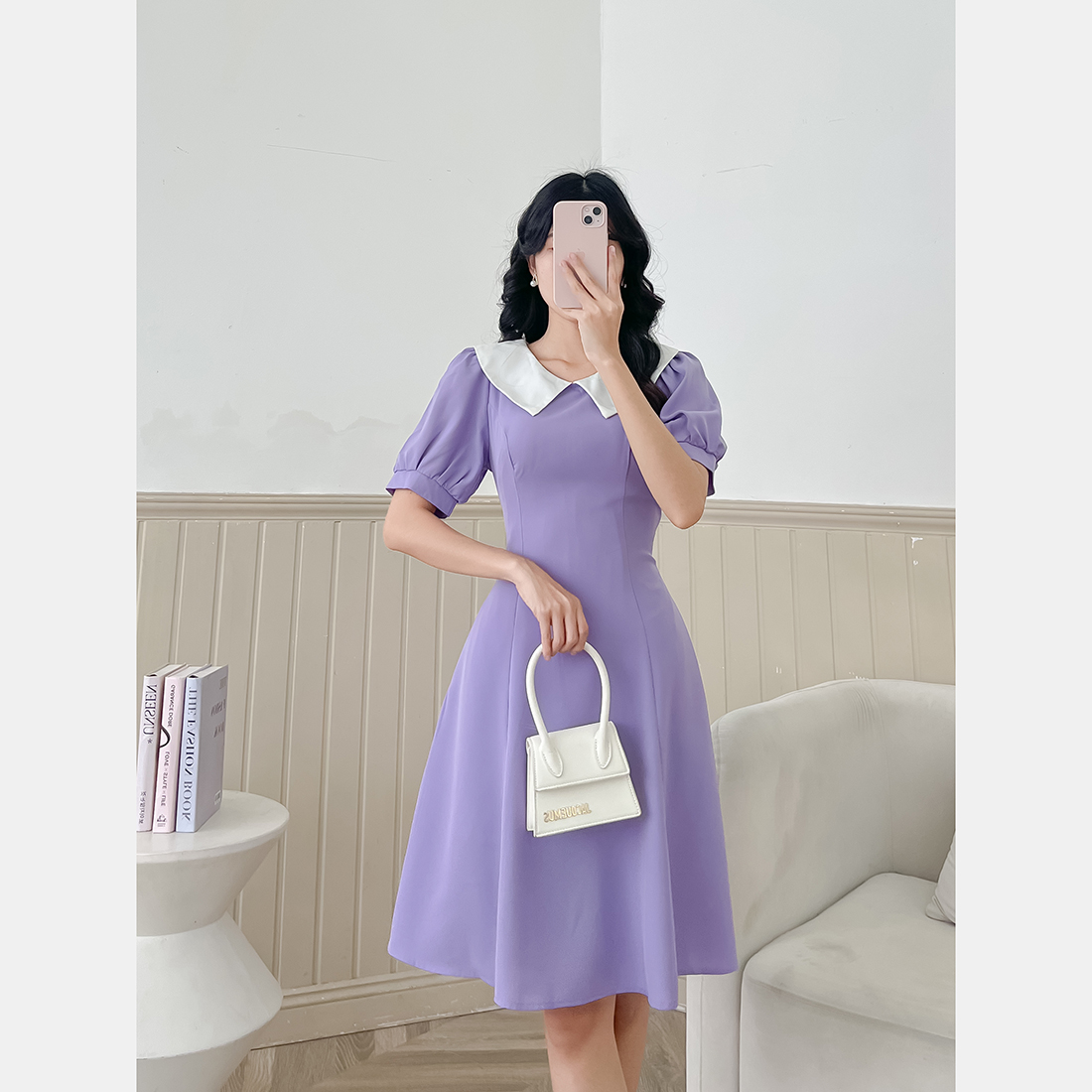 Đầm xòe tay phồng cổ sen nhọn - Eden Fashion Store - D486