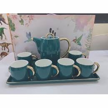 Bộ ấm chén kèm khay xanh cổ vịt viền vàng.