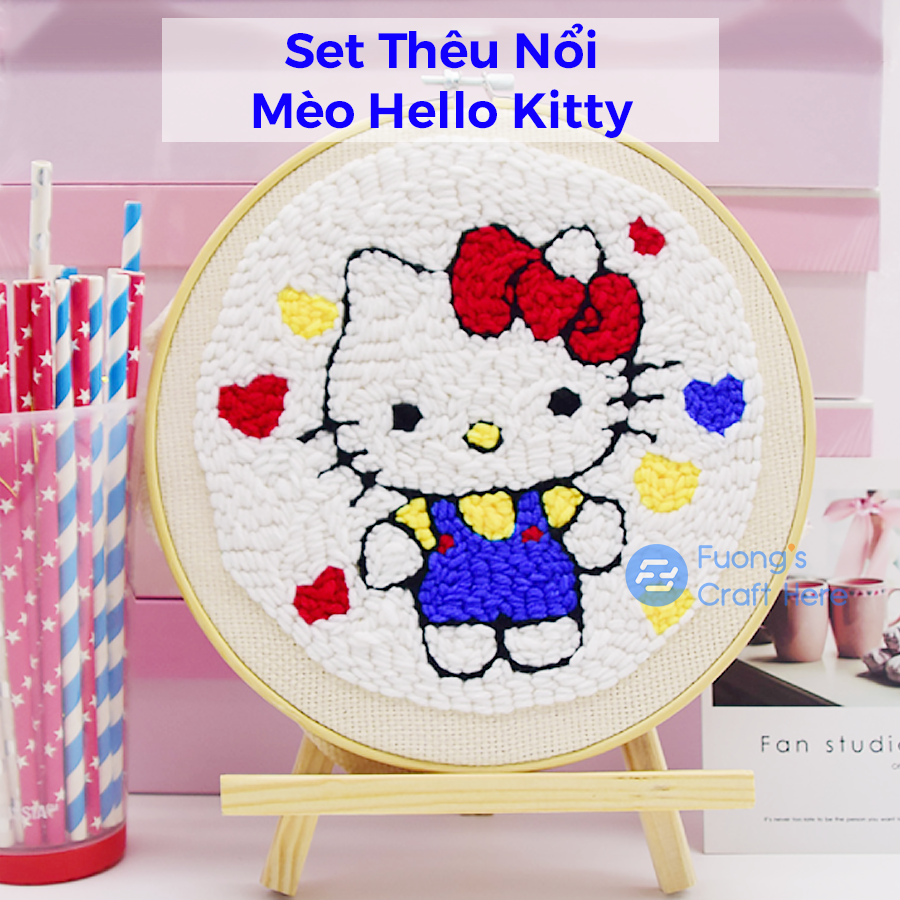 Set Thêu Nổi Thêu Len Xù Hello Kitty Dùng Len Sợi Đan Móc Cho Người Mới Bắt Đầu | Punch Needle Embroidery Kit Using Yarn For Beginners