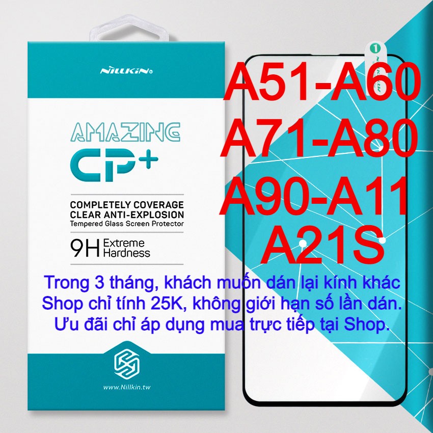 Miếng kính cường lực cho Samsung Galaxy A51, A60, A71, A80, A90, A21s, A11 hiệu Nillkin.tw Full màn hình