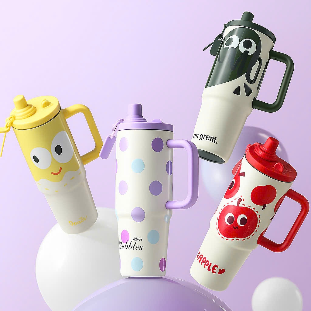 Ly giữ nhiệt dung tích lớn 900ml thiết kế hoạt hình nổi bật có ống hút và nắp kín chống tràn