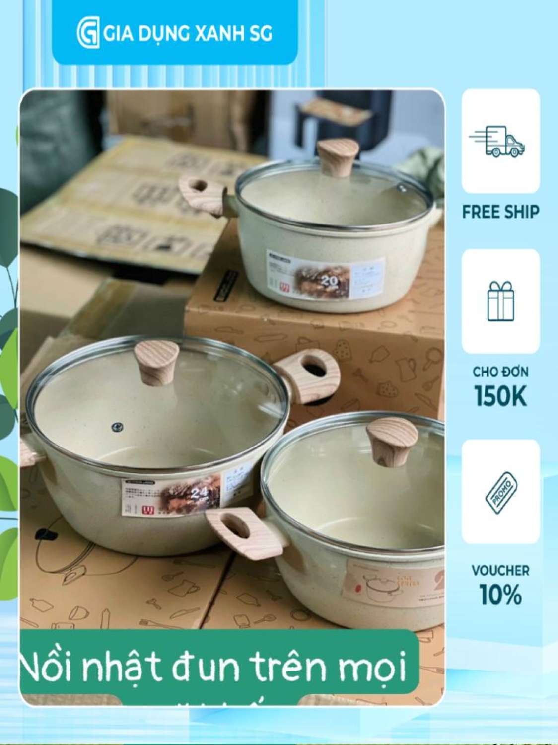 Nồi Đá Chống Dính Nhật 22cm dùng cho tất cả bếp - Nồi emojoo vân đá có quai cầm bằng gỗ, nắp kính sang trọng, chảo chống dính, nồi chảo, chảo 26cm, chảo 18cm, chảo chống dính bếp ga, chảo chống dính bến điện từ, chảo chiên