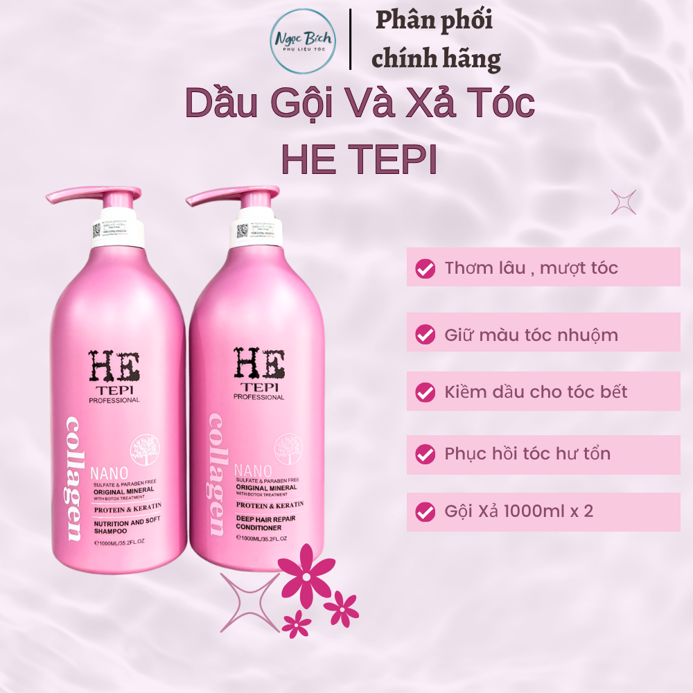 Dầu gộị xả He tepi Nano hồng thơm lâu mượt tóc, kiềm dầu cho tóc dầu tóc , chính hãng - 1000ml siêu thơm