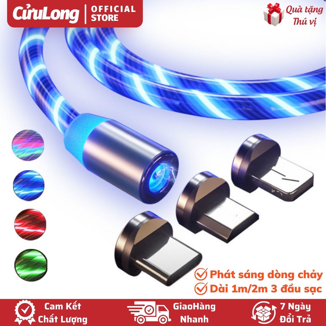 Cáp Sạc Điện Thoại Phát Sáng Nam Châm Đa Năng 3 Đầu Sạc Đèn Led Dòng Chảy Chống Xoắn Gãy Gập dây sạc từ tính nhiều đầu