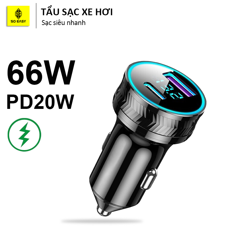 Dock sạc siêu nhanh xe hơi 66W + PD20W, tẩu sạc điện thoại trên ô tô 12-24V, đèn led hiển thị điện áp chính xác, gồm 1 cổng USB và TYPE-C EL033