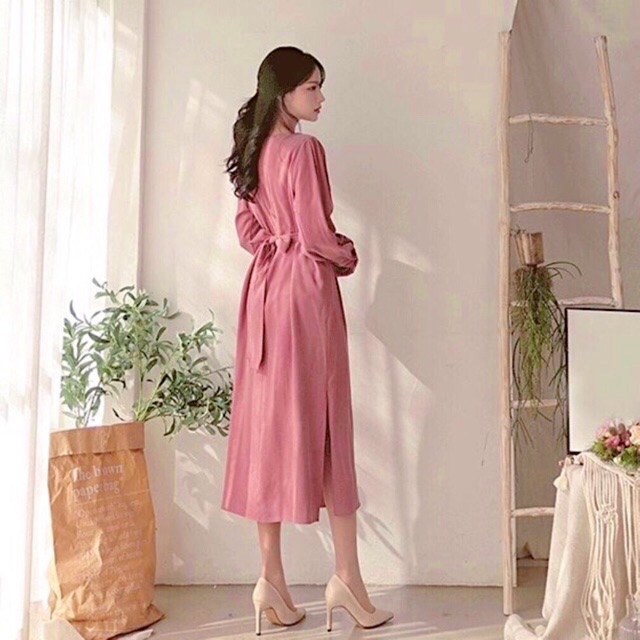 Đầm nữ đi làm cổ vuông tay dài xẻ tà cột nơ eo sau thanh lịch thục nữa, đầm nữ form dài xòe che khuyết điểm tốt màu hồng ruốc – dx179