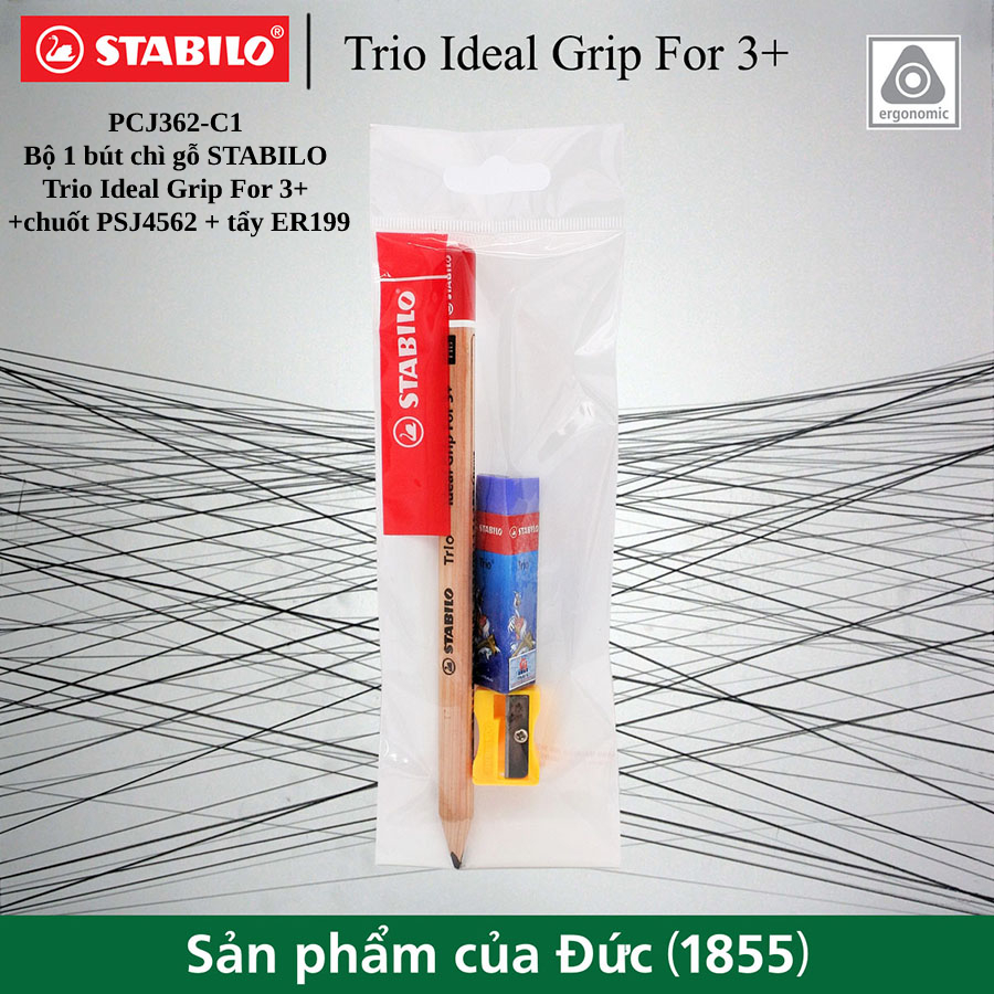 Combo bộ bút chì gỗ stabilo trio ideal grip for 3+ hb thân gỗ jumbo pcj362