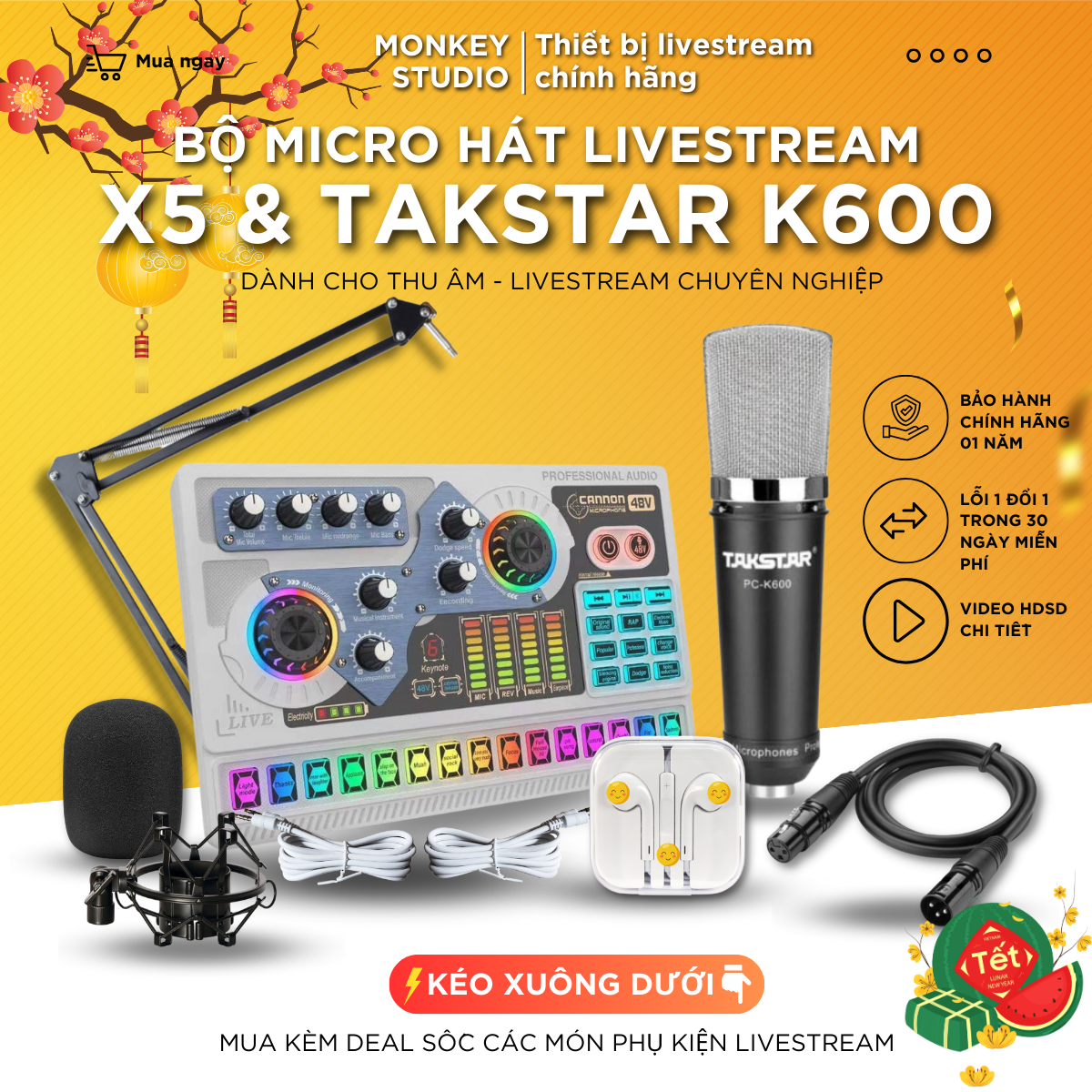 Mic thu âm | micro livestream sound card x5 & mic takstar k600 hát livestream điện thoại chuyên nghiệp, monkey studio