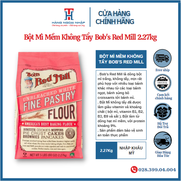 Bột mì mềm không tẩy bob's red mill 2.27kg - unbleached fine pastry flour nhập khẩu mỹ