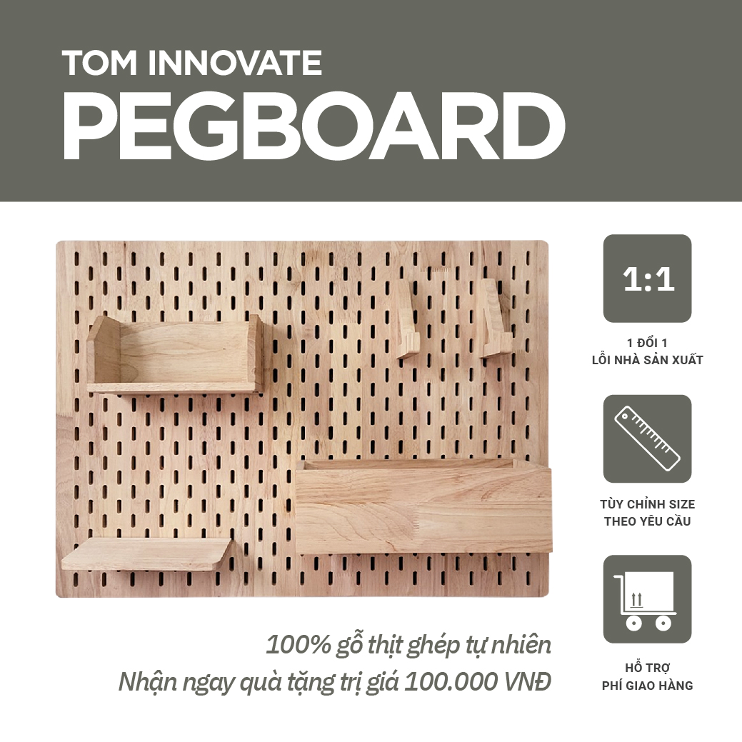[TẶNG KỆ VÀ MÓC TREO] Bảng cài Pegboard gỗ thịt - Bảng lỗ treo tường thông minh decor trang trí phòng làm việc