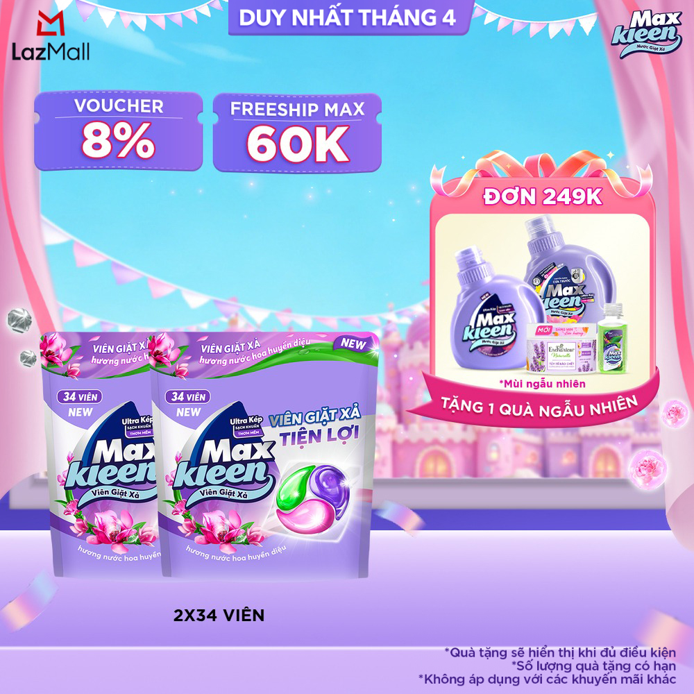 Combo 2 Túi Viên Giặt Xả MaxKleen  Hương Nước Hoa Huyền Diệu (Túi 34 Viên)