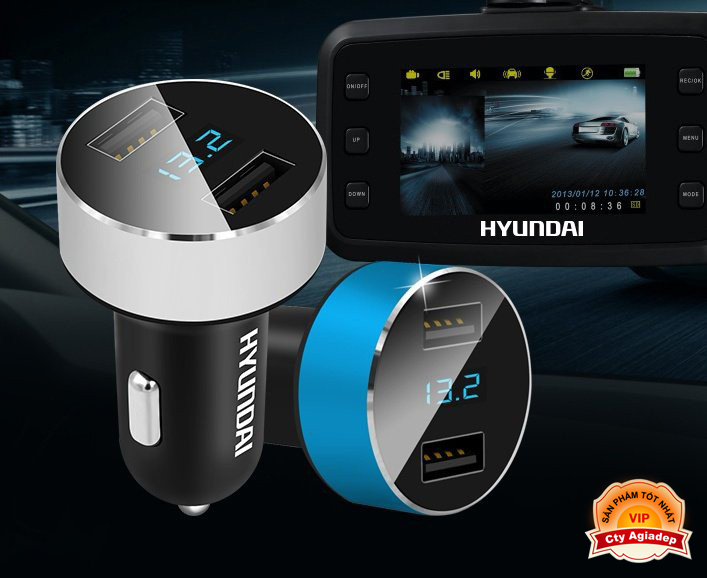 Tẩu sạc oto, xe hơi USB Hyundai Hàn Quốc xịn - Có đồng hồ LED điện áp