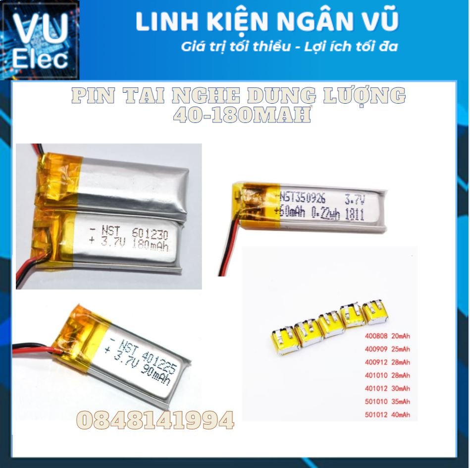 Pin Li-Po Lithium 3.7V Dung Lượng từ 40-10000maH cho tai nghe, camera hành trình, thiết bị y tế