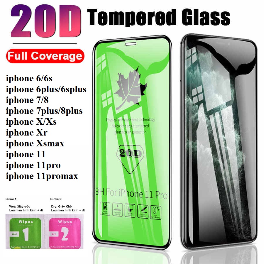 Kính cường lực iphone 20D full màn hình, chống nước, hạn chế vân tay, cảm ứng cực nhạy dành cho iphone 6/6s/6plus/6splus/7/8/7plus/8plus/X/Xr/Xsmax/11/11pro/11promax - 2 màu đen và trắng - thegioisilevip