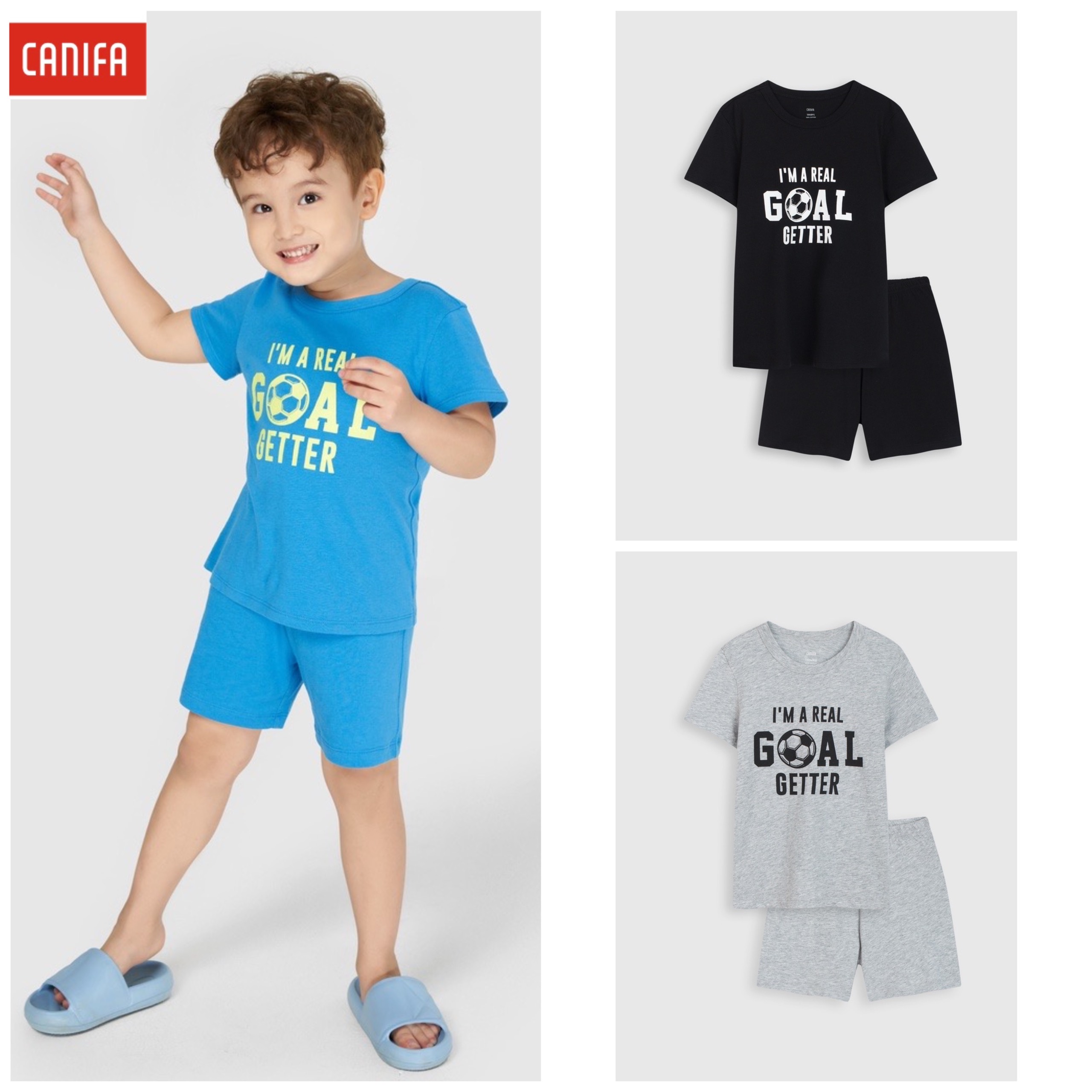 [2 tuổi] Bộ cộc tay mặc nhà bé trai Canifa chất liệu 100% cotton họa tiết bóng đá trước ngực