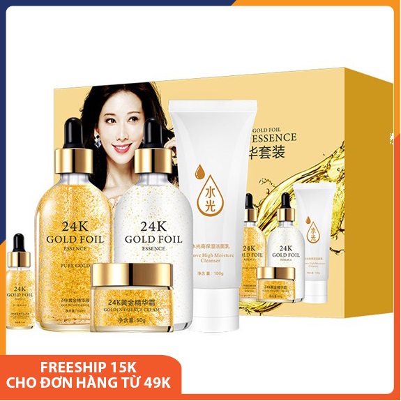 Trọn bộ mỹ phẩm dưỡng da mặt cao cấp 24K 5 món: Sữa rửa mặt+Nước hoa hồng+Serum+Kem dưỡng+Sữa dưỡng làm sạch da, dưỡng ẩm làm trắng, da sáng màu, cấp ẩm thải độc làm dịu chống lão hóa, combo skincare làm đẹp da mặt SPU116