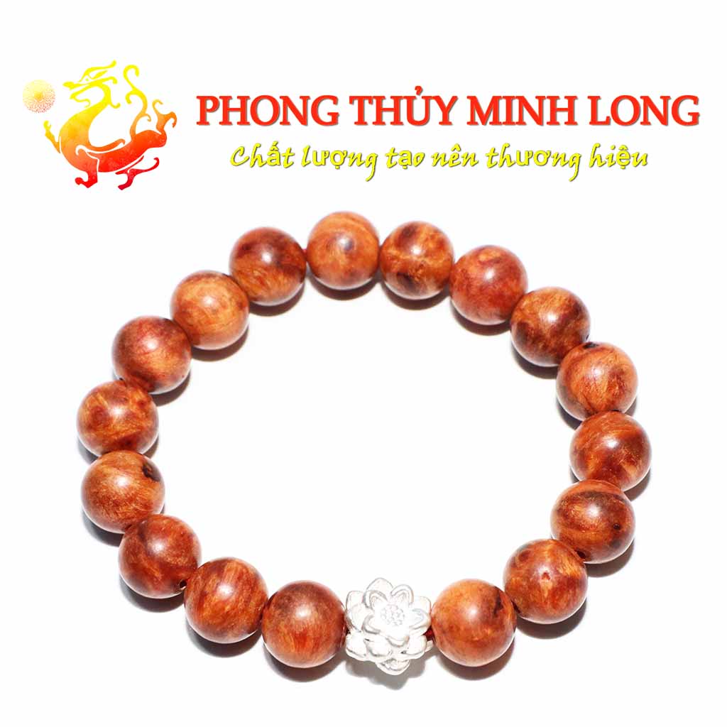Vòng tay gỗ Huyết Rồng mix Bông Sen Bạc Hạt Tròn