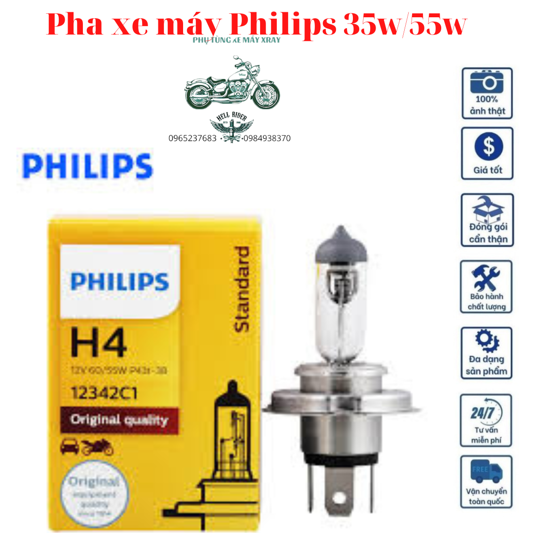 Bóng đèn pha philips h4 9003 công nghệ halogen 12v 35w, 60/55w lâp ô tô, xe máy