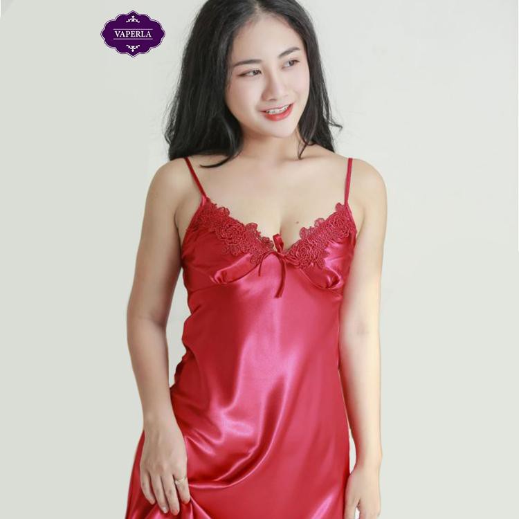 Váy ngủ lụa satin hai dây phối ren cao cấp quyến rũ thương hiệu Vaperla - ĐỎ