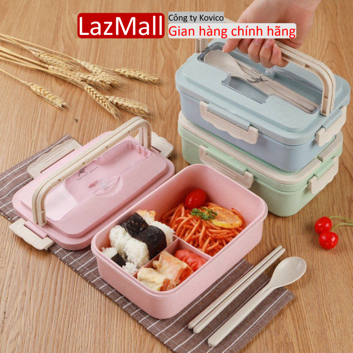Hộp cơm lúa mạch 3 ngăn kèm bộ đũa thìa inox, hộp cơm văn phòng tiện dụng