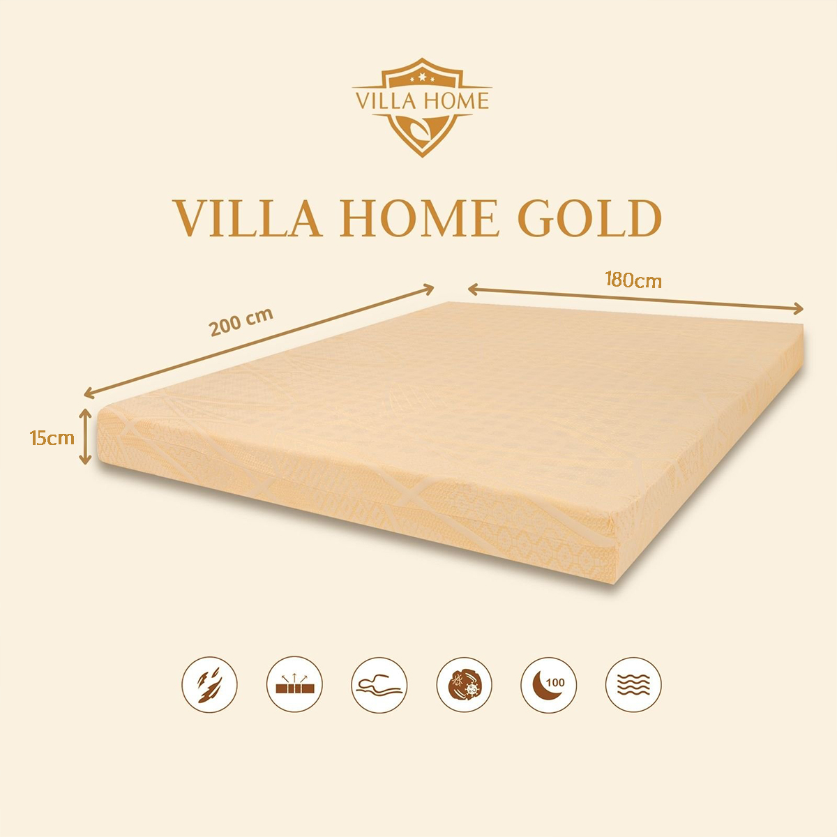 [FLASH SALE] Nệm Cao Su Non Cao Cấp 15 x 180 x 200cm VILLA HOME GOLD Tránh Ám Bụi, Ẩm Mốc, Bảo Hành Lên Tới 15 Năm