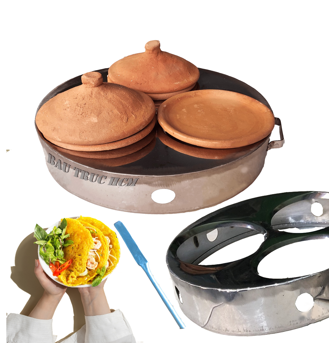 Khuôn bánh xèo inox 3 chén đất nung