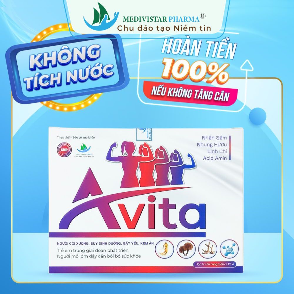 Viên Uống Tăng Cân AVITA (Liệu trình 3 hộp) Cung Cấp Acid Amin, Vitamin, Giúp Tiêu Hóa, Tăng Đề Kháng, Bồi Bổ Sức Khỏe Dành Cho Người Gầy Yếu, Suy Dinh Dưỡng, Kém Ăn, Người Vận Động Cơ Bắp, Cần Tăng Khối Cơ (Hộp 60 Viên)