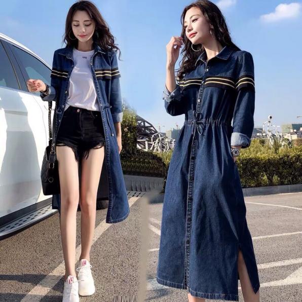Đầm jean xoè cổ sơ mi eo thun