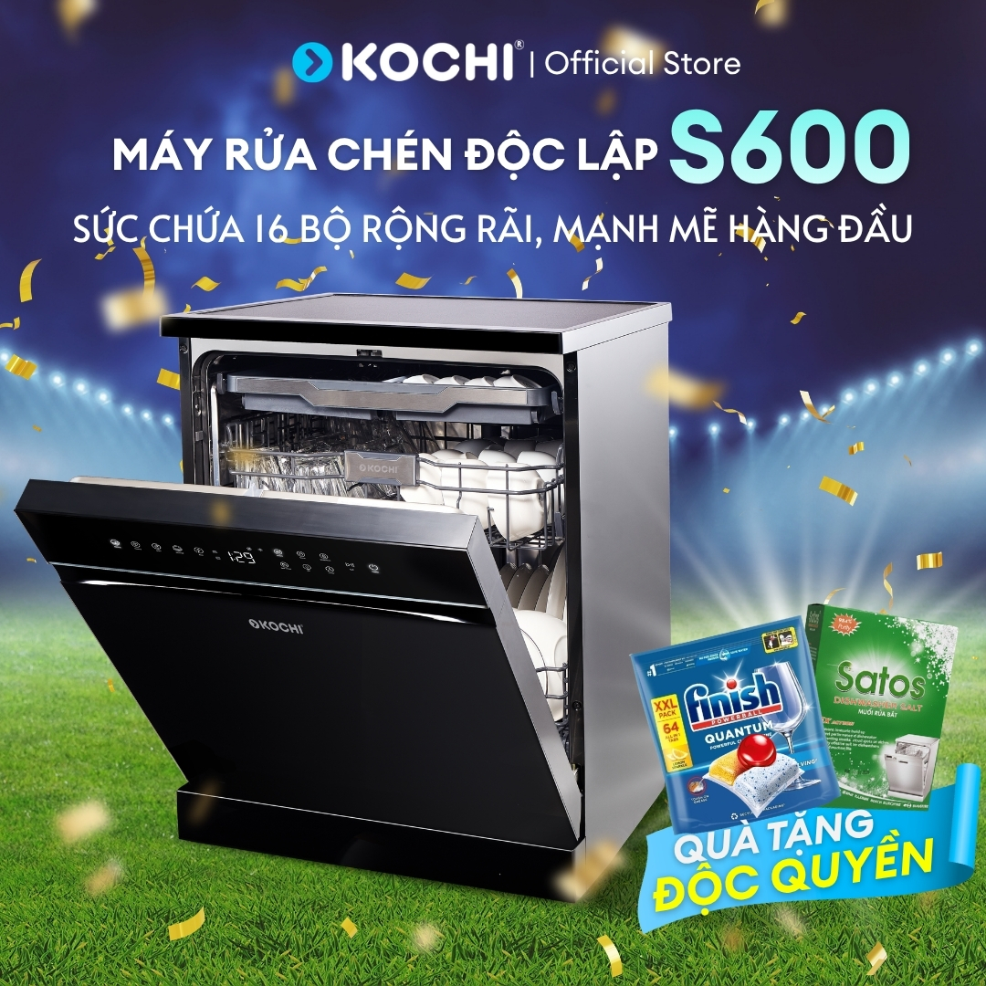 [Lắp đặt 0Đ HN HCM] Máy rửa chén độc lập KOCHI S600 - 16 bộ - 5 trục phun nước nóng 360° áp suất cao - Sấy khô PTC - Lưu trữ đối lưu - 5 chương  trình rửa thông minh