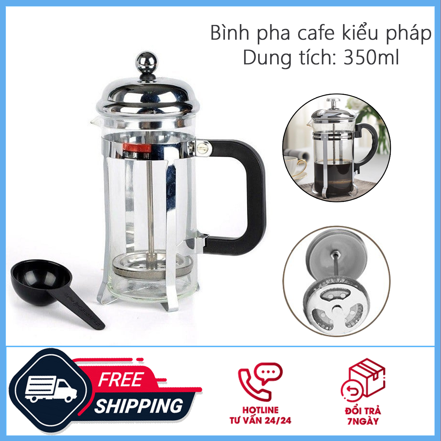 Bình Pha Cafe Kiểu Pháp 350ml - Bình pha cà phê french press - Dùng để pha trà hay cà phê theo phương pháp French press ép cà phê - Thiết kế tinh gọn, hiện đại - Chất liệu cao cấp