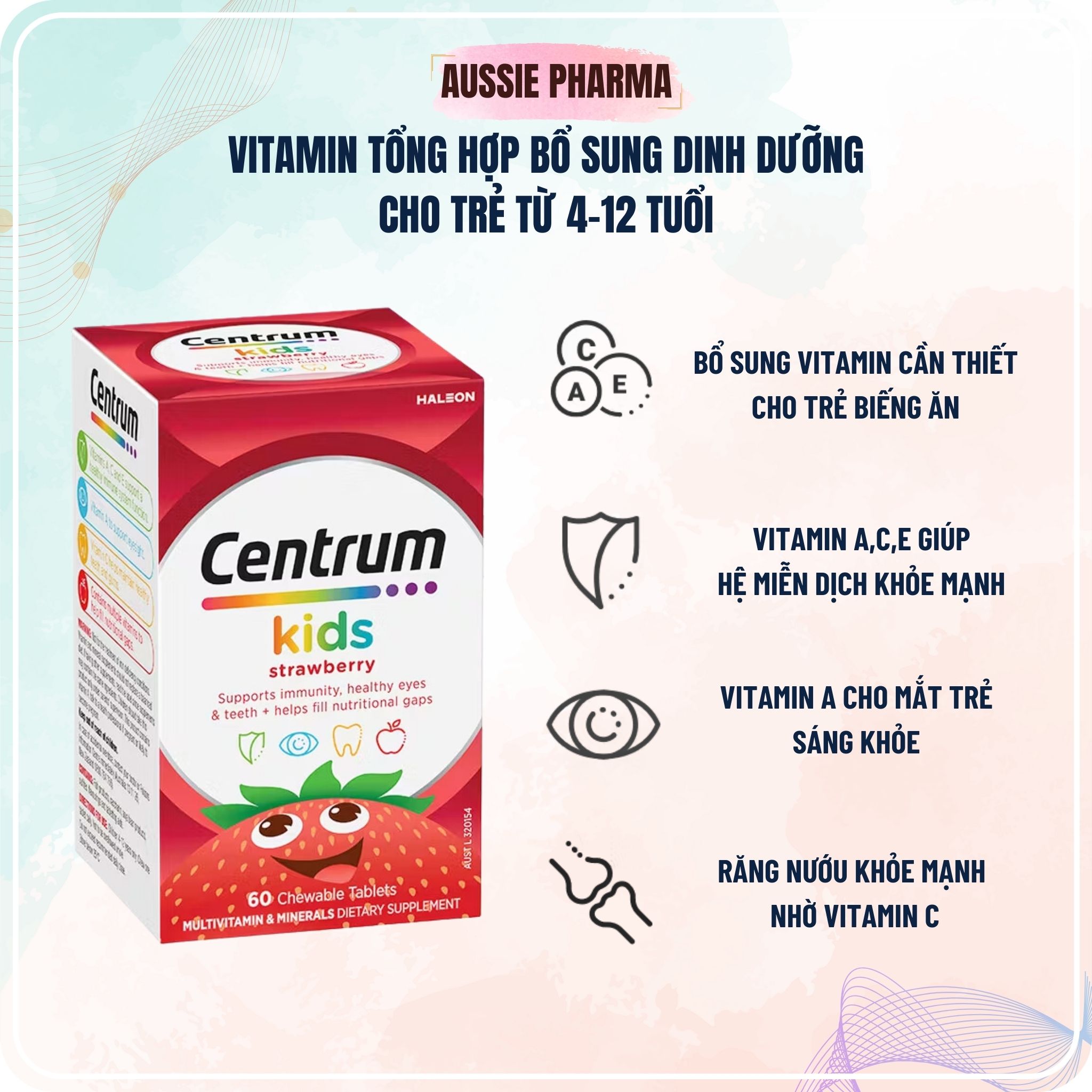 Vitamin Tổng Hợp Bổ Sung Sinh Dưỡng Cho Trẻ 4-12 Tuổi Centrum Kids Strawberry Lọ 50 Viên Vị Dâu Tây