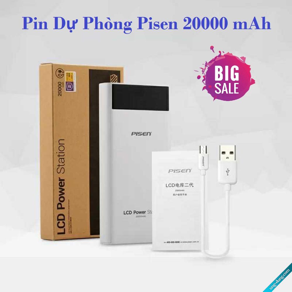 Bán pin sạc dự phòng, giá cục sạc dự phòng, pin sạc dự phòng pisenkiểu dáng đẹp, chất liệu bền, dung lượng pin lớn 20000 mah, tích hợp 2 cổng usb sạc 2 thiết bị cùng lúc.