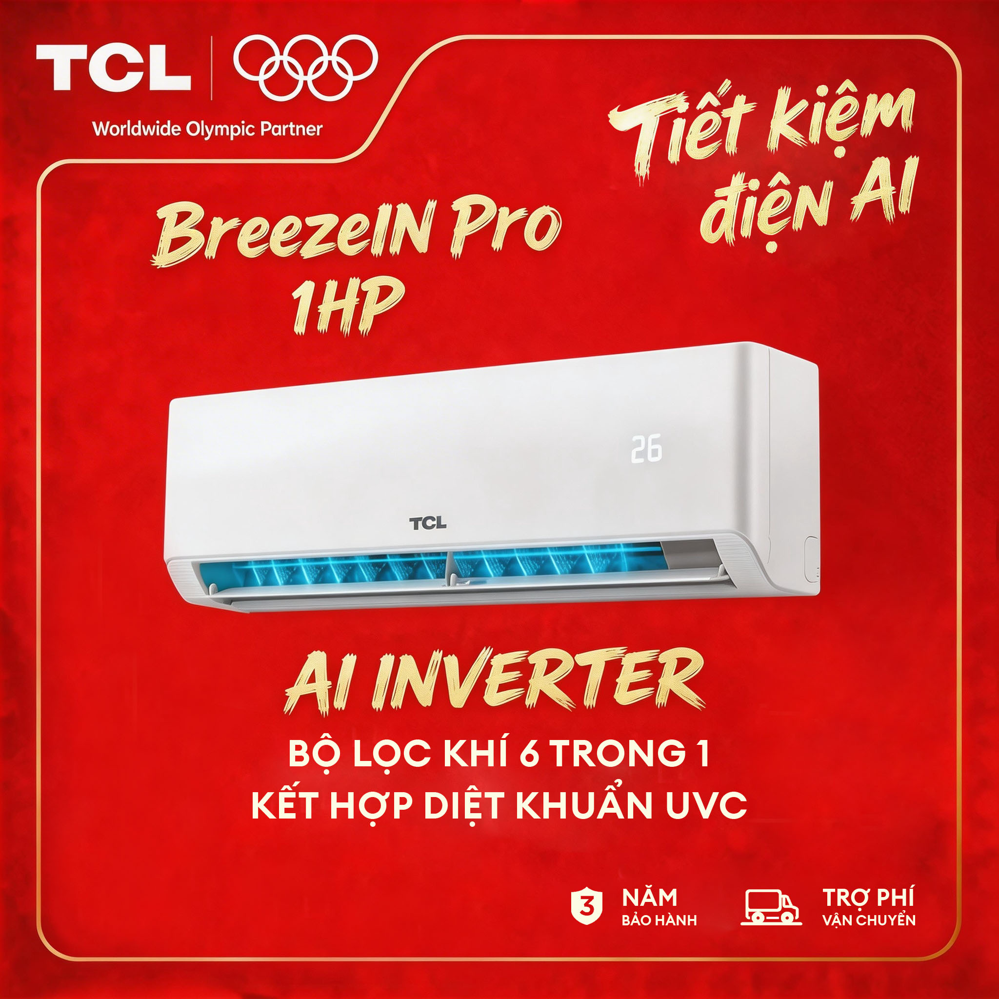 【Miễn Phí Lắp Đặt Cơ Bản Nội Thành HCM - HN】【Luồng Gió Dịu Êm 】TCL Máy lạnh 1HP Inverter, Màng lọc 6in1 , Khử khuẩn UVC, Tiết Kiệm Điện, BreezIN PRO TBIP-10CSD/TPHI, Bảo Hành 12 Năm Máy Nén