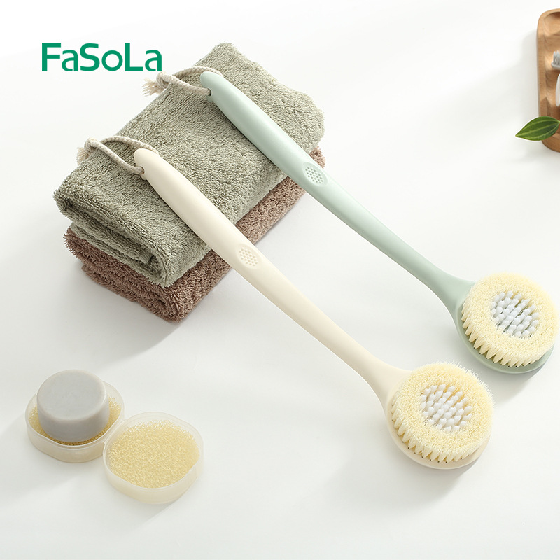 Bàn chải tắm và massage cầm tay cán dài lông mềm Fosola, cây chà lưng giảm dầu nhờn, tẩy tế bào chết