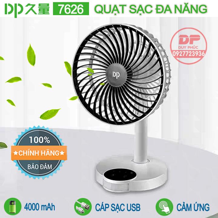 QUẠT SẠC ĐIỆN DP 7626 KÈM ĐÈN LED , NHỎ GỌN , 2 PIN SẠC DUNG LƯỢNG CAO