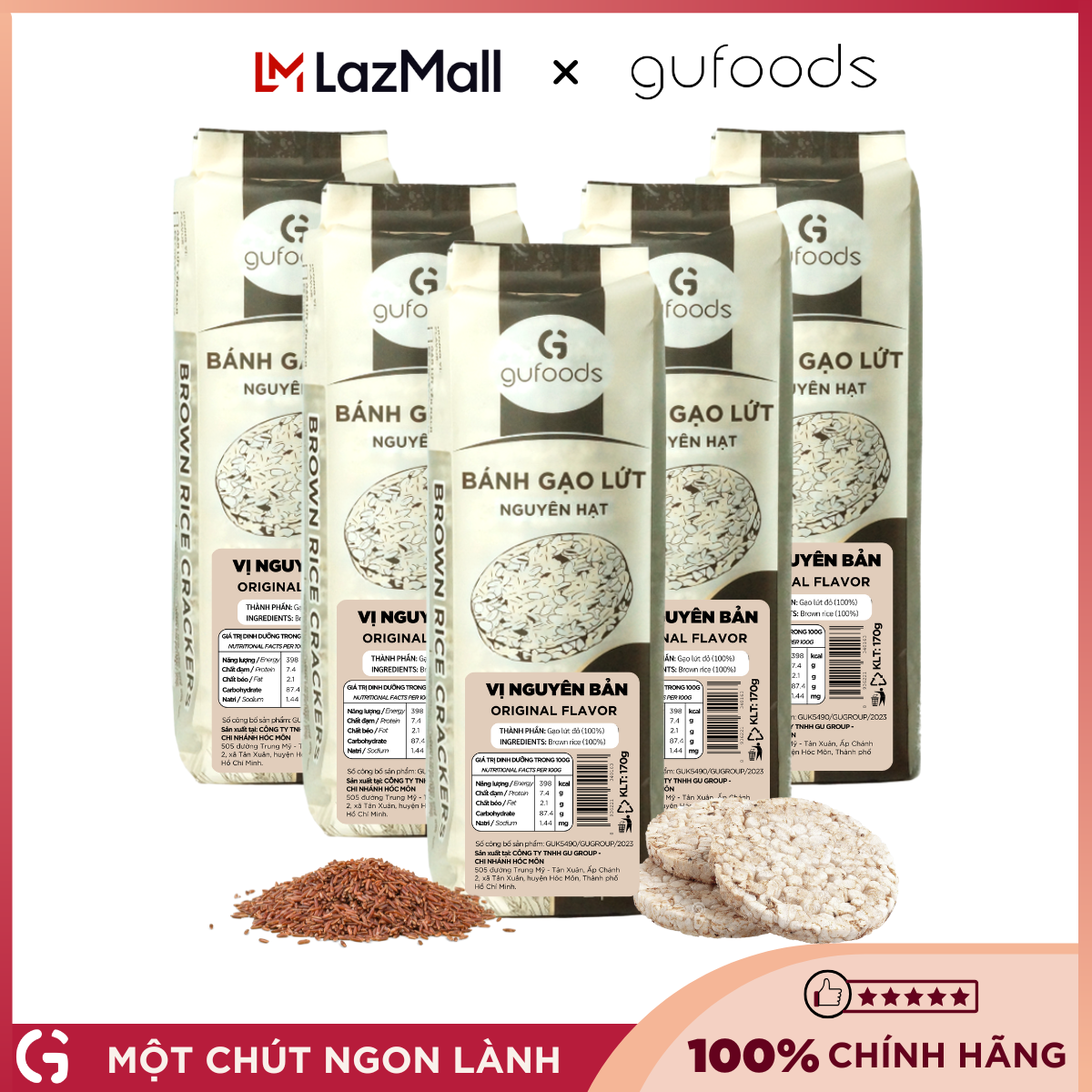 Combo 5 Bánh gạo lứt GUfoods - Không chiên dầu, Không đường, Từ gạo và ngũ cốc nguyên hạt, Lành mạnh, Phù hợp Eat clean, Ăn vặt healthy, Thực dưỡng, Tập gym, Thuần chay, Đa dạng hương vị