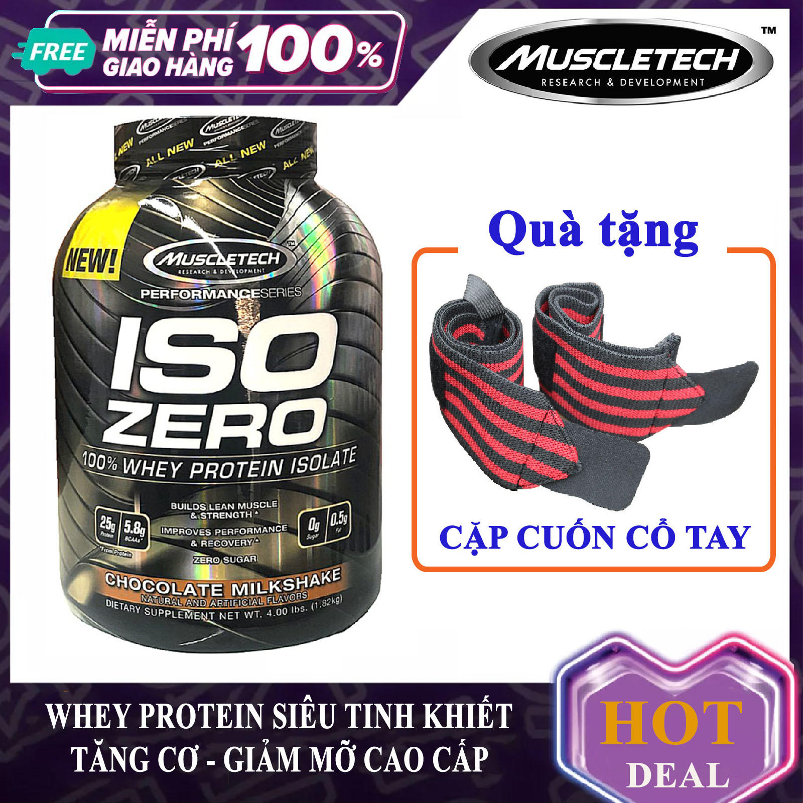 [TẶNG CUỐN CỔ TAY] Sữa tăng cơ cao cấp ISO ZERO của Muscle Tech hỗ trợ tăng cơ giảm cân đốt mỡ hương Chocolate hộp 59 lần dùng - Phân phối chính thức