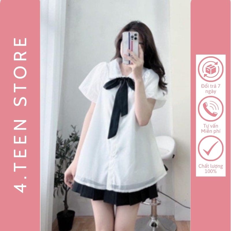 Áo sơ mi trắng nữ 2 lớp kiểu dáng babydoll phối ren cổ nơ vải voan freesize dưới 60kg 4TeenStore SM002