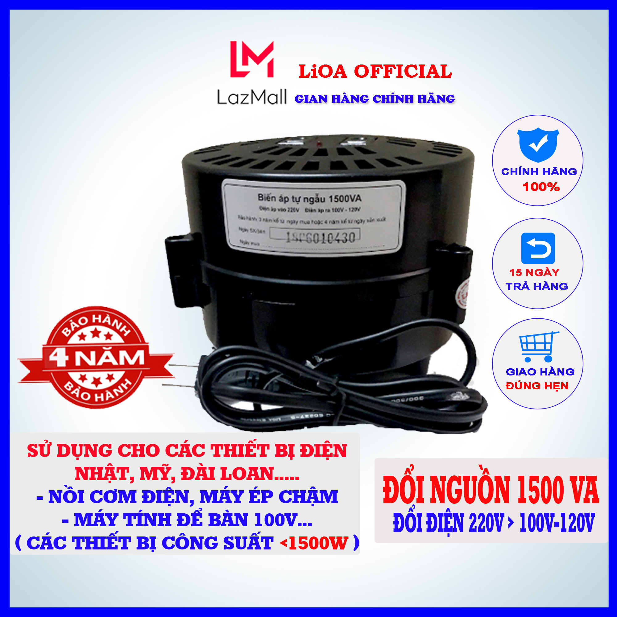 Đổi nguồn Lioa 1,5KVA, Biến áp tự ngẫu DN015, đổi điện 220v sang 100v-120v, dùng cho các thiết bị có công suất dưới 1200W, MCE Trading