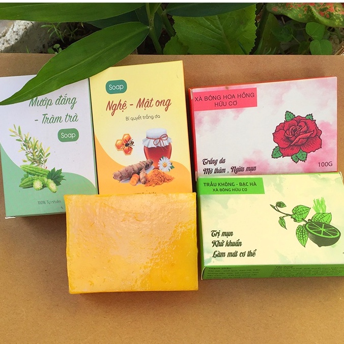 Combo 4 cục xà bông nghệ, mướp đắng, trầu không, hoa hồng | Xà bông thảo dư.ợc trắng da khử thâm