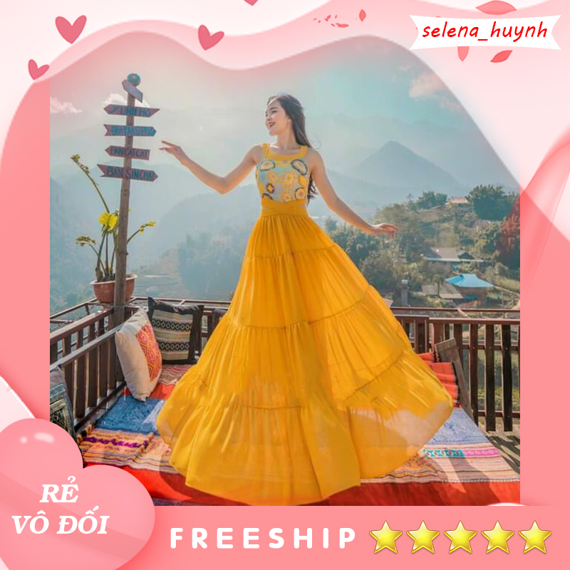 Đầm maxi xoè vàng, đỏ cut out đi biển có mút ngực SELENA09