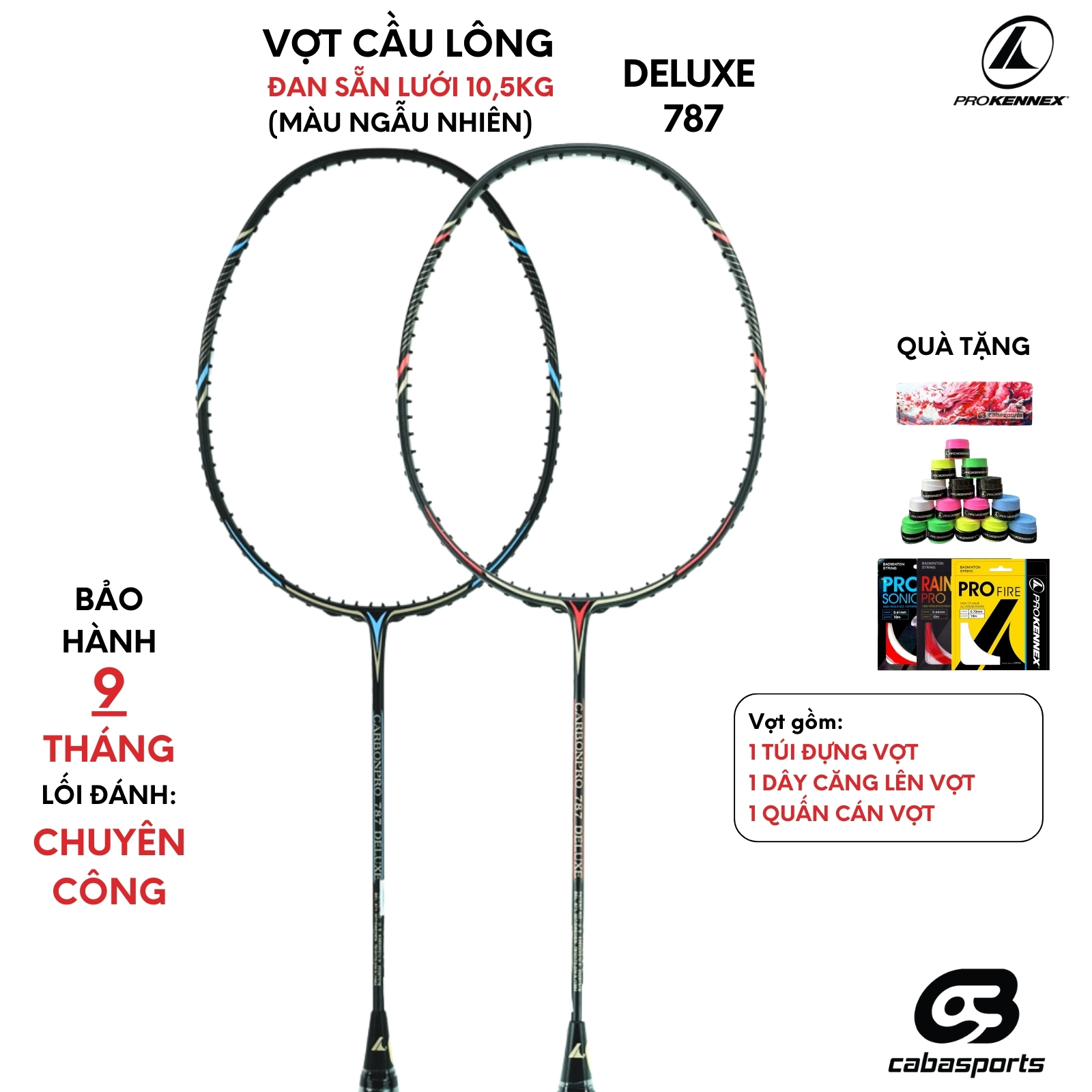 Vợt cầu lông  ProKennex Carbon Pro 787 Deluxe đã đan dây 10.5kg, vợt chuyên công chính hãng cao cấp Bảo hành 9 tháng Kèm Quà Tặng Túi vợt và Quấn cán (Ngẫu nhiên màu lưới và quấn cán)
