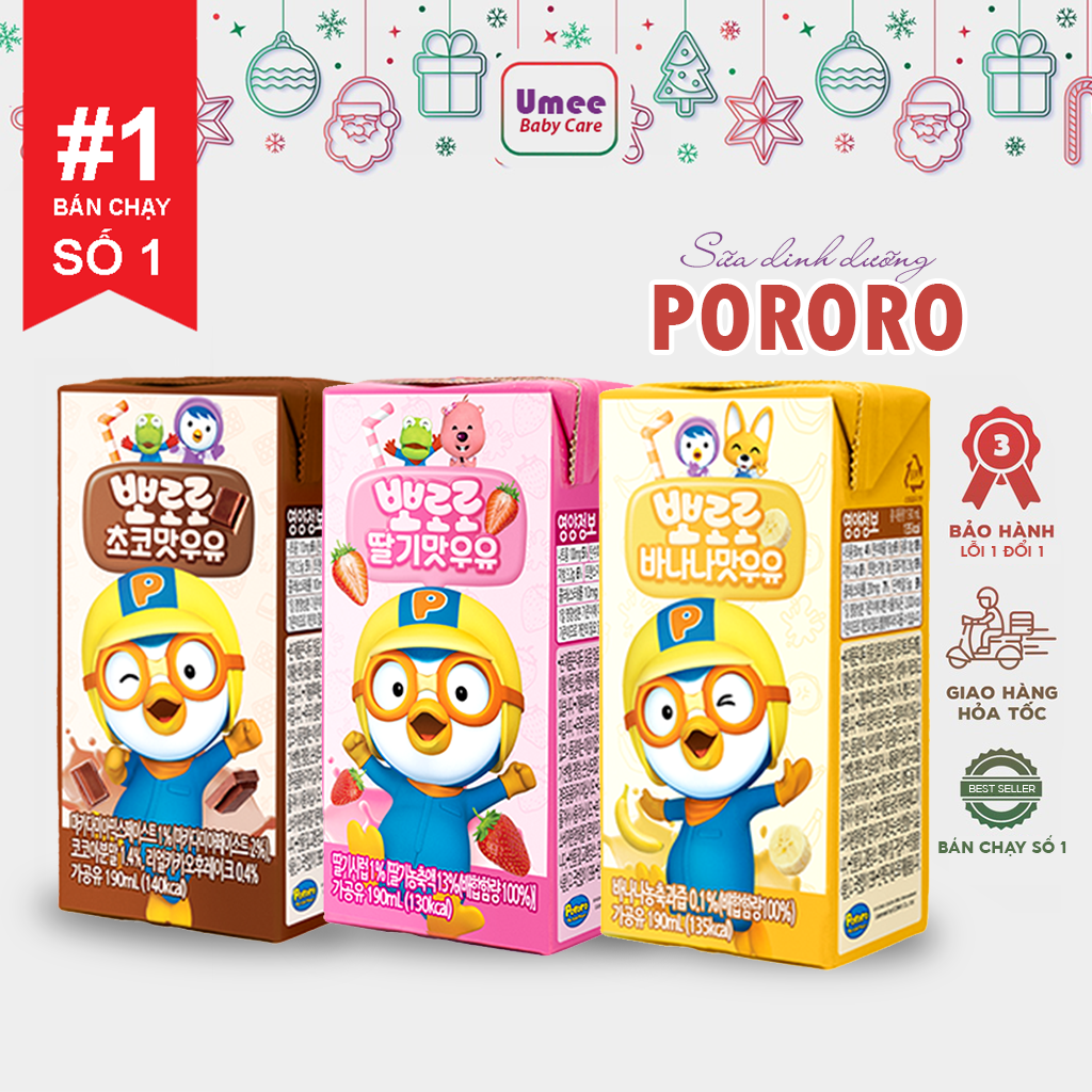 Sữa Dinh Dưỡng Pororo Hàn Quốc Vị Chuối/ Dâu/ Socola, Sữa Tươi Pororo Hộp 190ml