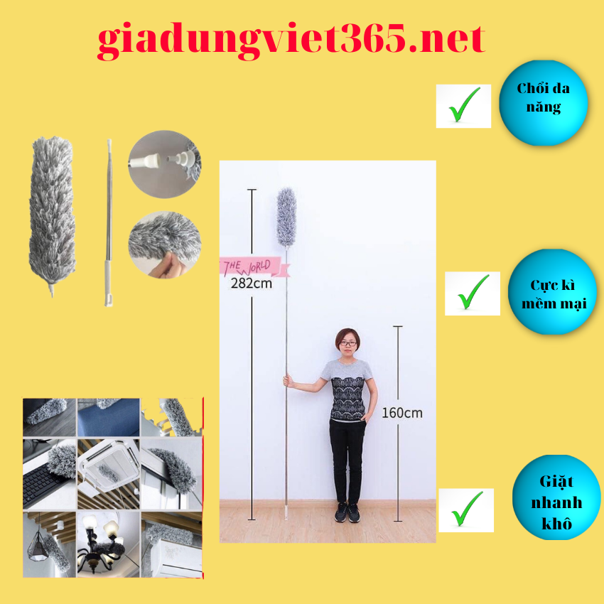 Chổi quét mạng nhện trần nhà đa năng cán inox 3m cao cấp điều chỉnh độ dài ngắn đầu chổi xoay 360 độ tiện lợi