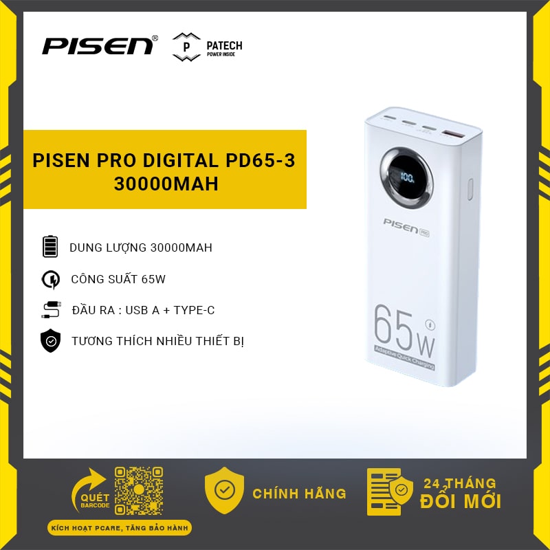  Sạc dự phòng PISEN PRO Digital PD65-3 30000mAh công suất sạc tối đa 65W tương thích đặc biệt với Macbook hỗ trợ đa giao thức sạc nhanh cho nhiều thiết bị bảo hành 24 tháng 